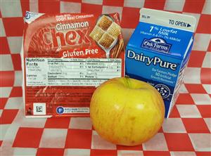 Breakfast option Cinnamon Chex, apple and fruit 